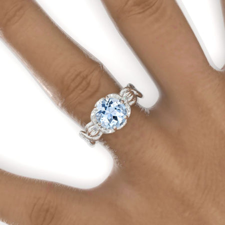 2 Carat Round Genuine Aquamarine Floral Twig Shank Engagement Ring