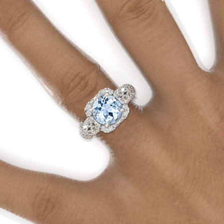 2 Carat Round Genuine Aquamarine Halo Lace  Shank Engagement Ring