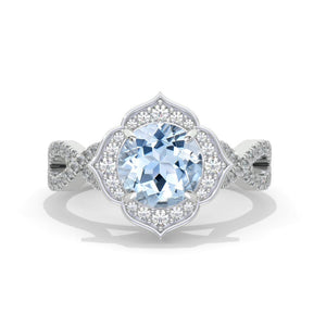 2 Carat Round Genuine Aquamarine Floral Halo Twisted Shank Engagement Ring