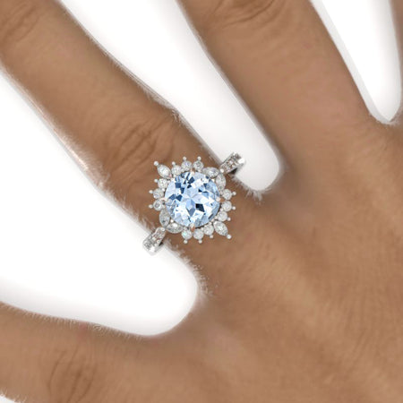 2 Carat Round Genuine Aquamarine Floral Halo Shank Engagement Ring