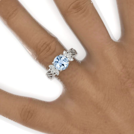 2 Carat Round Genuine Aquamarine Floral Lace  Shank Engagement Ring