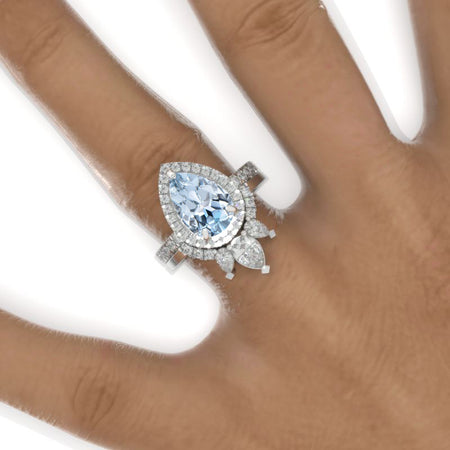 3 Carat Pear Genuine Aquamarine Halo Engagement Ring 14K White Gold Ring Set
