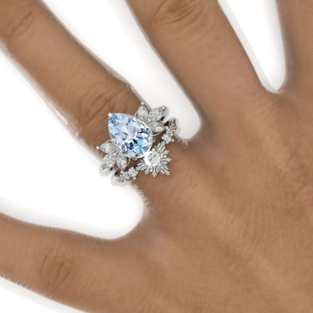 3 Carat Pear Genuine Aquamarine Halo Floral  Engagement Ring 14K White Gold Ring Set