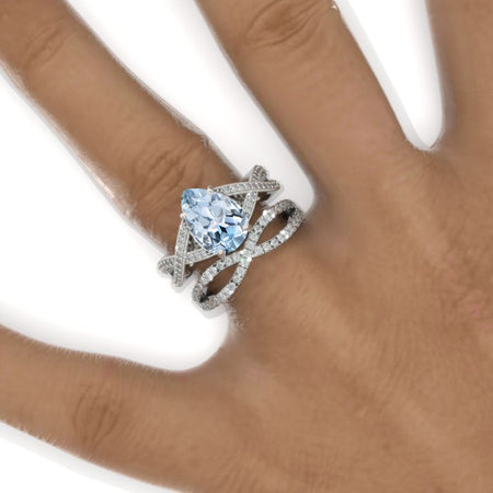 3 Carat Pear Genuine Aquamarine Halo Twisted Engagement Ring 14K White Gold Ring Set