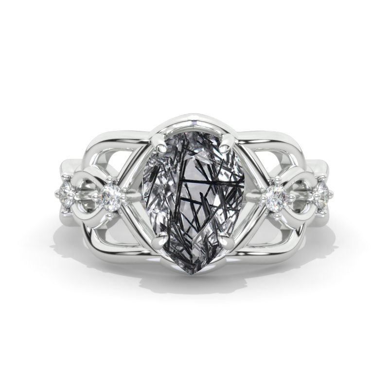 3 Carat Pear Natural Rutilated Quartz Twisted 14K White Gold Engagement Eternity Ring