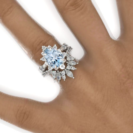 3 Carat Pear Genuine Aquamarine Halo Floral Engagement Ring 14K White Gold Ring Set