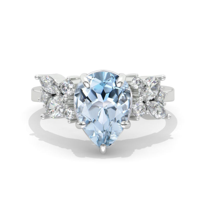 3 Carat Pear Genuine Aquamarine Cluster 14K White Gold Engagement Eternity Ring