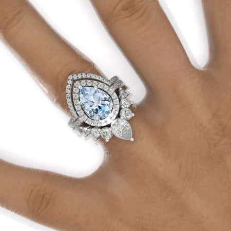 3 Carat Pear Genuine Aquamarine Halo Engagement Ring 14K White Gold Ring Set