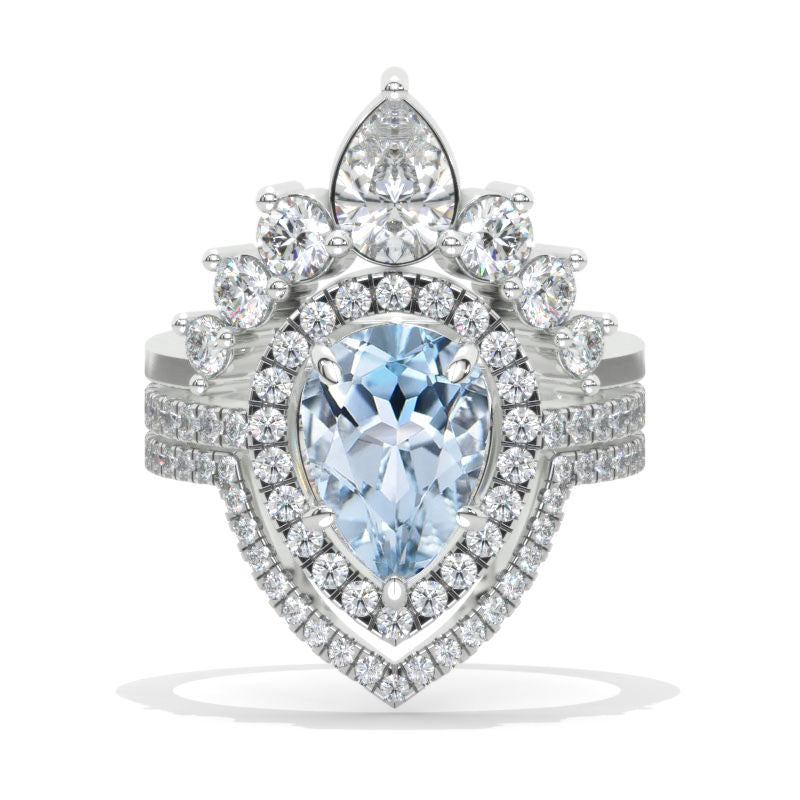 3 Carat Pear Genuine Aquamarine Halo Engagement Ring 14K White Gold Ring Set