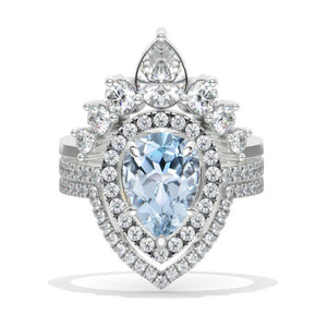 3 Carat Pear Genuine Aquamarine Halo Engagement Ring 14K White Gold Ring Set