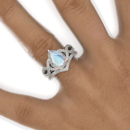 3 Carat Pear Labradorite Twisted 14K White Gold Engagement Eternity Ring Set