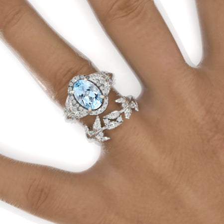 2 Carat Oval Genuine Aquamarine Halo Floral Engagement Ring Eternity Ring Set