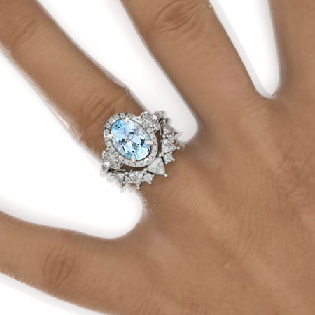 2 Carat Oval Genuine Aquamarine Halo Floral Engagement Ring Eternity Ring Set