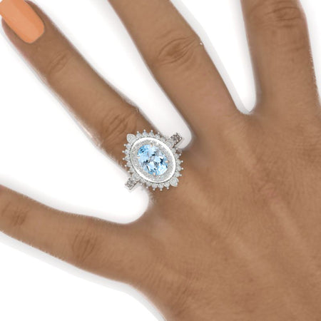 3 Carat Oval Genuine Aquamarine Double Halo Engagement Ring 14K White Gold Ring