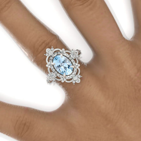 3 Carat Oval Genuine Aquamarine Halo Engagement Ring 14K White Gold Ring