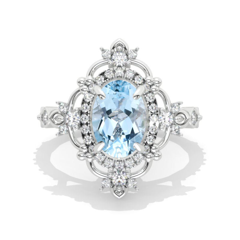 3 Carat Oval Genuine Aquamarine Halo Engagement Ring 14K White Gold Ring