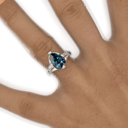 3 Carat Pear Teal Sapphire Floral Engagement Ring