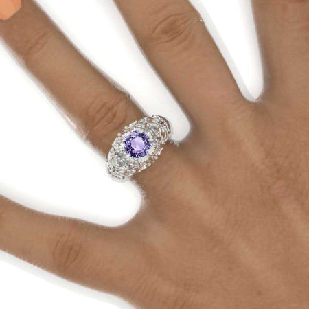 7mm Round Purple Sapphire Floral Victorian Style  Engagement Ring