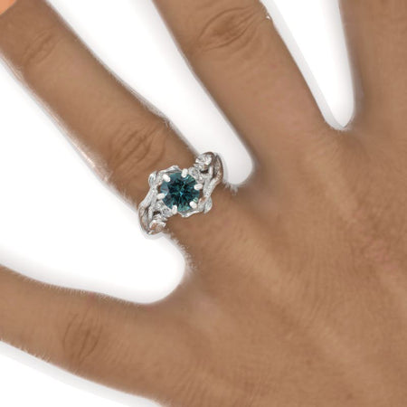 7mm Round Teal Sapphire Floral Twig Style Engagement Ring