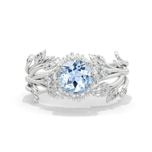 Round Genuine Aquamarine Floral Leaves Style Engagement Ring