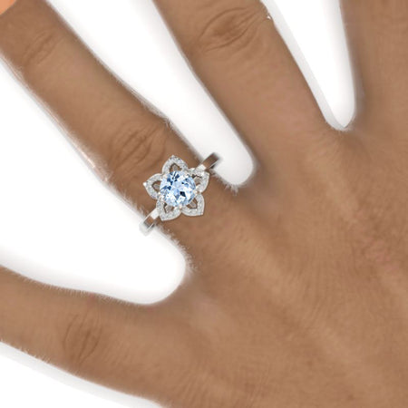 1 Carat Round Genuine Aquamarine Floral Halo Engagement Ring