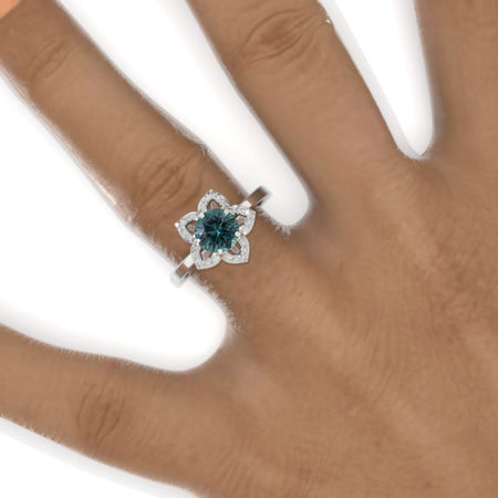 1 Carat Round Teal Sapphire Floral Halo Engagement Ring