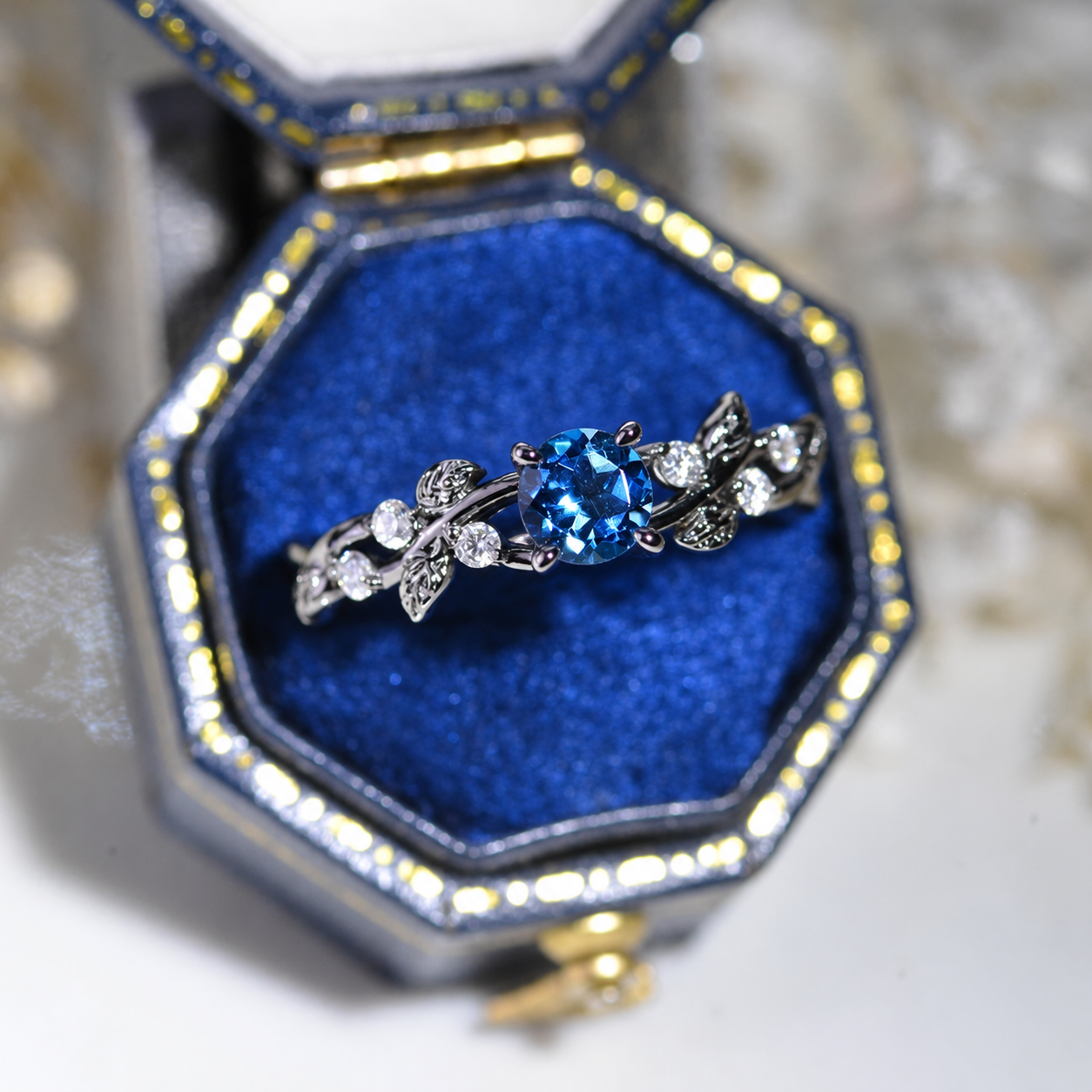 1.5 Carat Round Kashim Passion Topaz  Floral Black Gold Engagement Ring Model 446-6