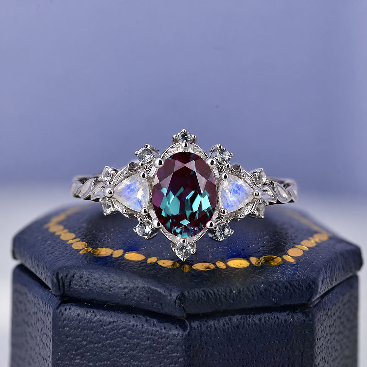 3 Carat Oval Lab-Grown Alexandrite Floral Twig Engagement Ring in 14K White Gold | Model 829B-9x6