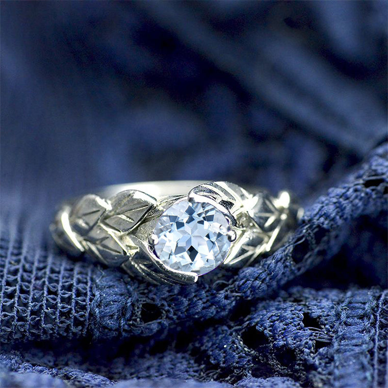 2 Carat Genuine Natural Aquamarine Floral Leaf Engagement Ring