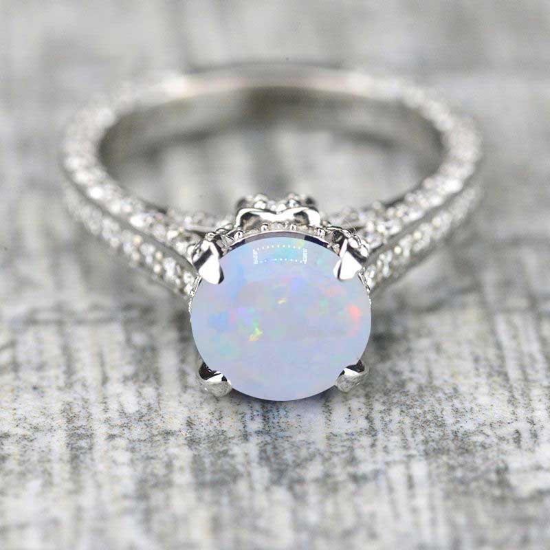3.2 Carat White Opal Engagement 14K White Gold Ring