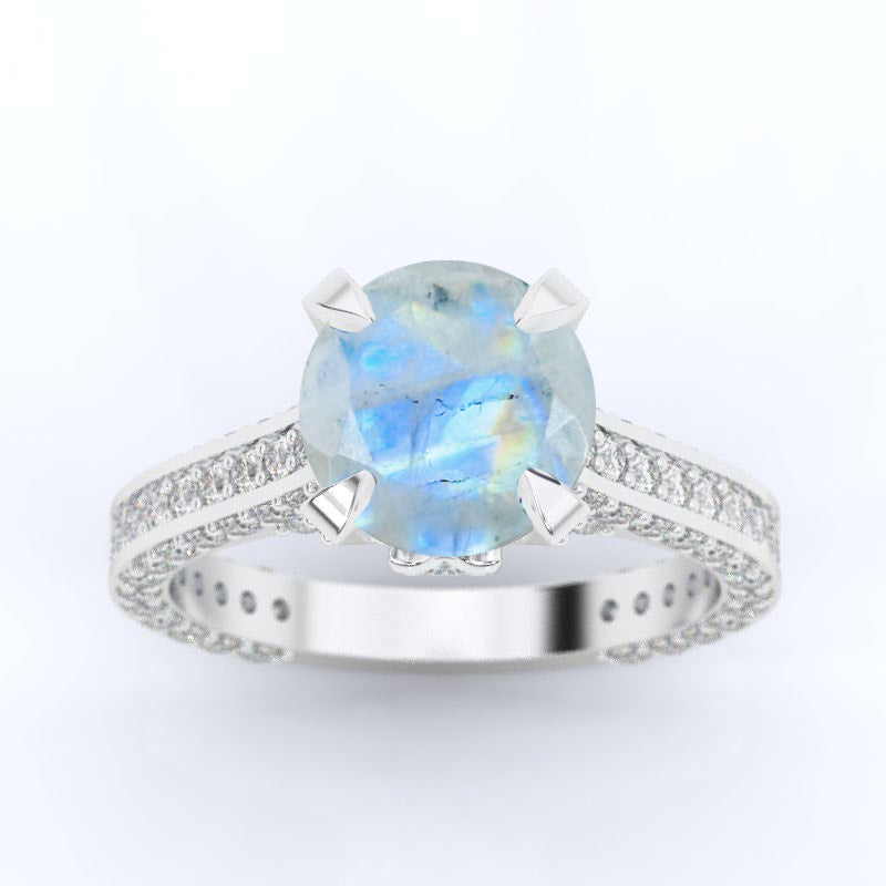 3.2 Carat Genuine Moonstone Engagement 14K White Gold Ring