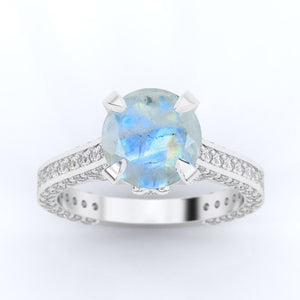 3.2 Carat Genuine Moonstone Engagement 14K White Gold Ring