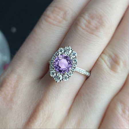 14K White Gold 2 Carat Round Purple Sapphire Halo Engagement Ring