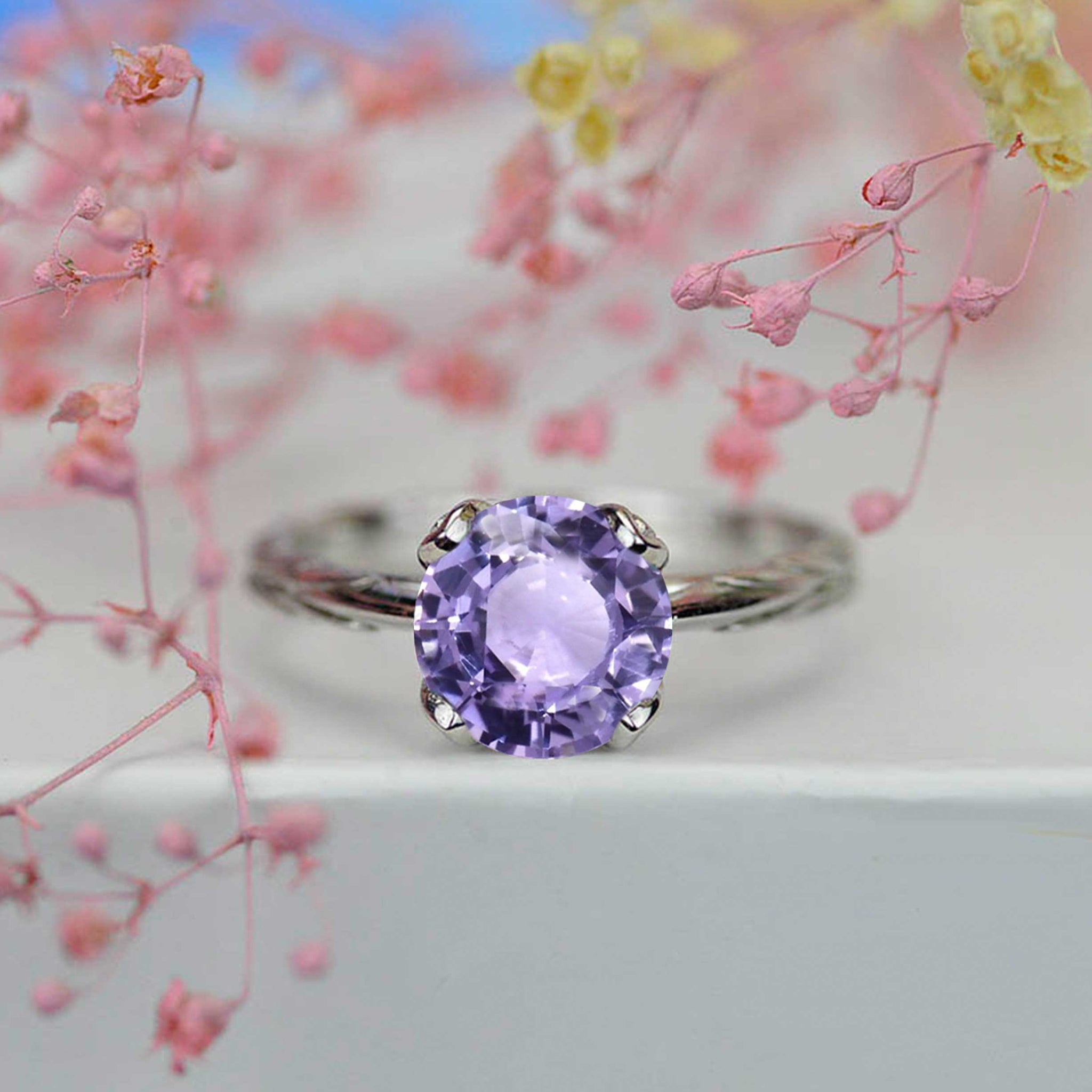 2 Carat Purple Sapphire Floral 14K White Gold Engagement Ring