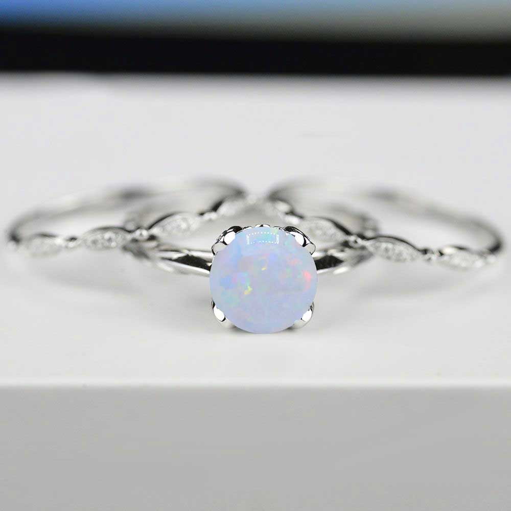 Giliarto White Opal Engagement Eternity Rings Eternity Set