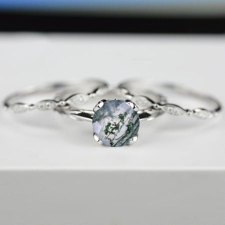 2 Carat Genuine Moss Agate Engagement Eternity Three Rings Set