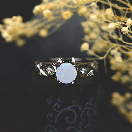 14K Black Gold Genuine White Opal Celtic-Style Engagement Ring