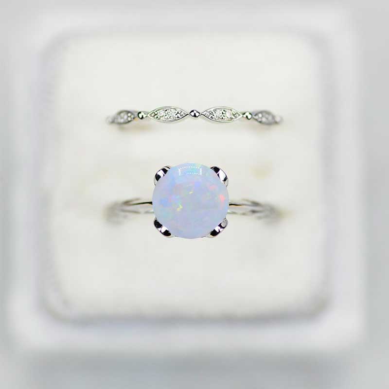 2 Carat White Opal Engagement Eternity Gold Rings Set