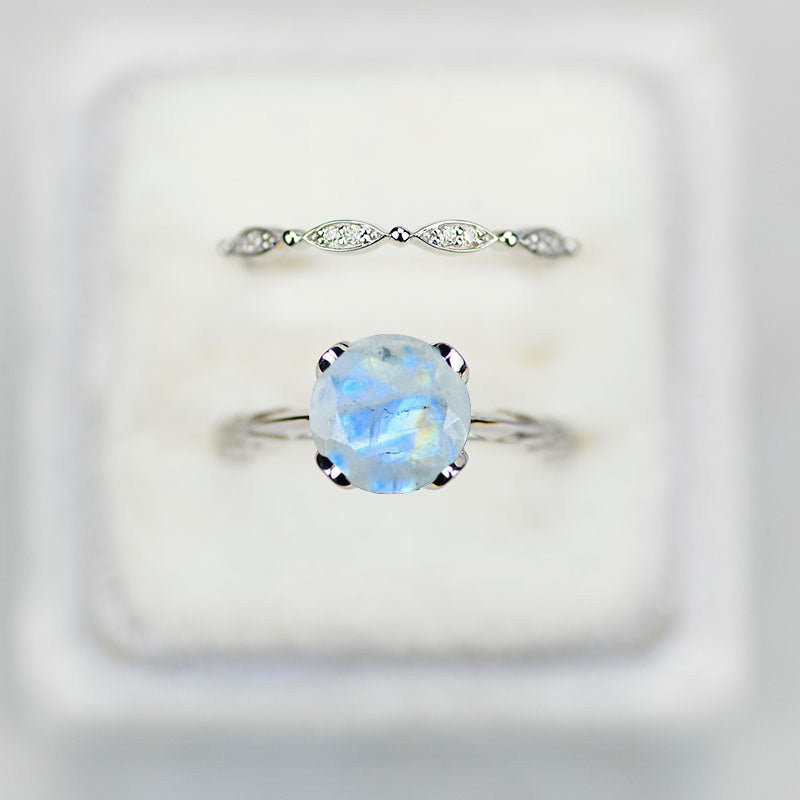 2 Carat Light Genuine Moonstone Engagement Eternity Gold Rings Set