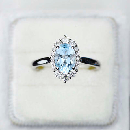 14K White Gold 3 Carat Oval Aquamarine Halo Engagement Ring