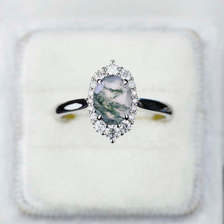 14K White Gold 3 Carat Oval Genuine Moss Agate Halo Engagement Ring