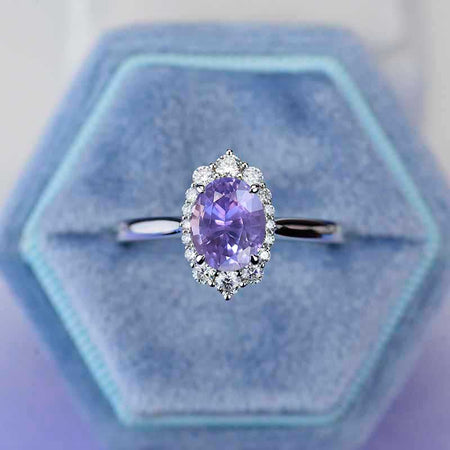 14K White Gold 2 Carat Oval Purple Sapphire Halo Engagement Ring
