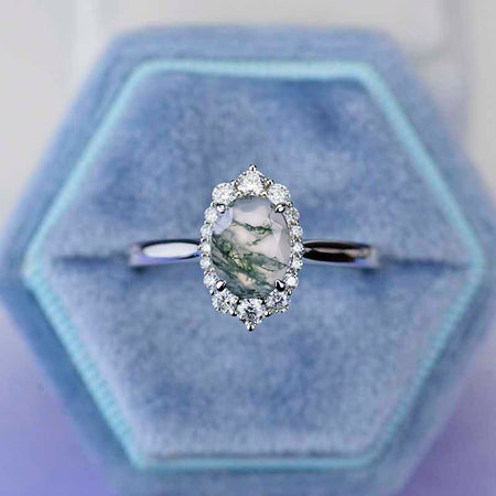 14K White Gold 2 Carat Oval Genuine Moss Agate Halo Engagement Ring Set