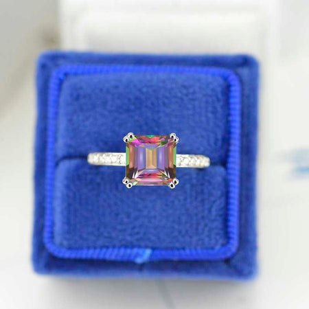 3 Carat Genuine Natural Mystic Topaz Stone 14K White Gold Ring