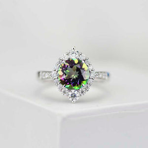 2 Carat Round Genuine Natural Mystic Topaz Halo Gold Engagement Ring