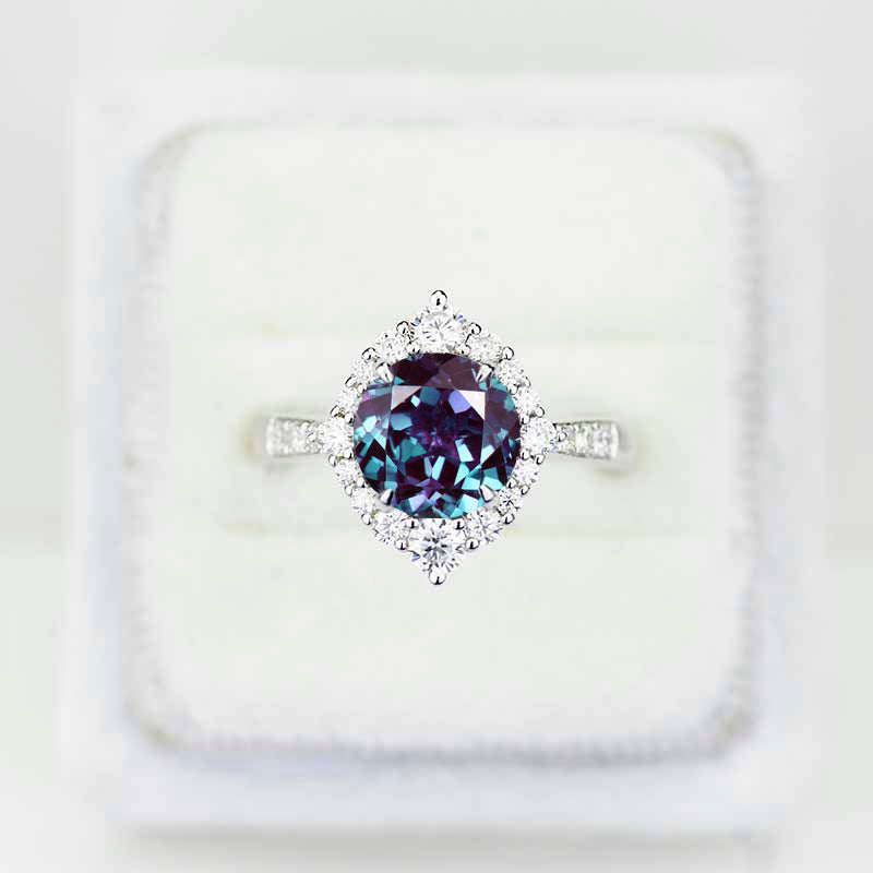 2 Carat Round Alexandrite Halo Gold Engagement Ring