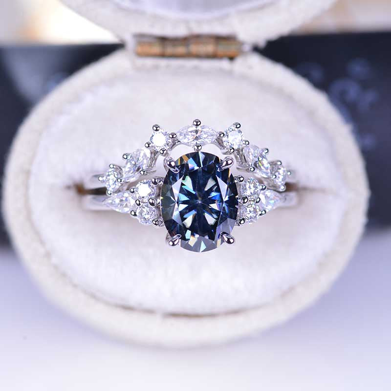 2 Carat Oval Gray Moissanite Halo Vintage Engagement Ring, Eternity Ring Set