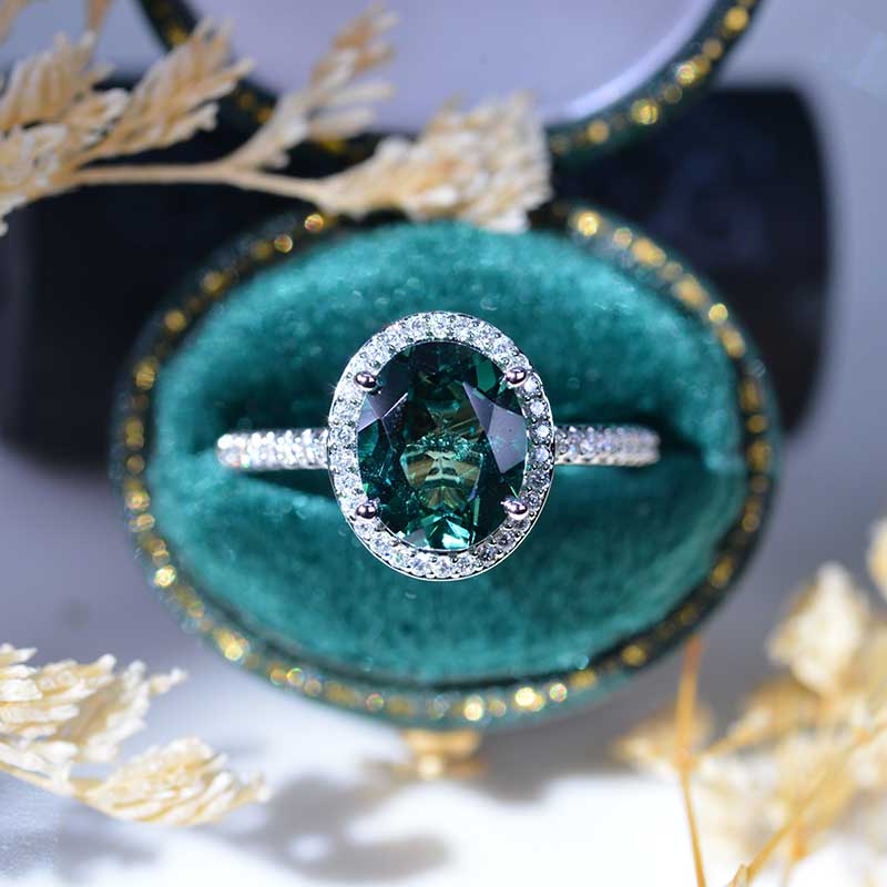 3 Carat Oval Teal Sapphire Halo 14K White  Engagement Ring