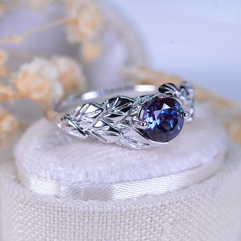 14K White Gold Alexandrite Leaf Engagement Ring-6mm Round