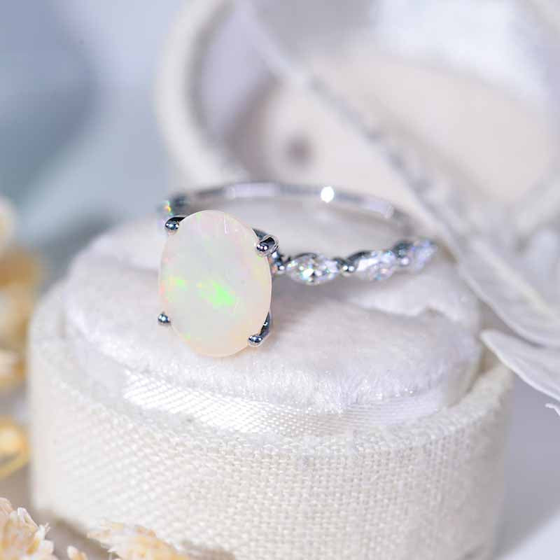3 Carat Oval Shaped Genuine Natural White Opal White Gold Engagement Ring